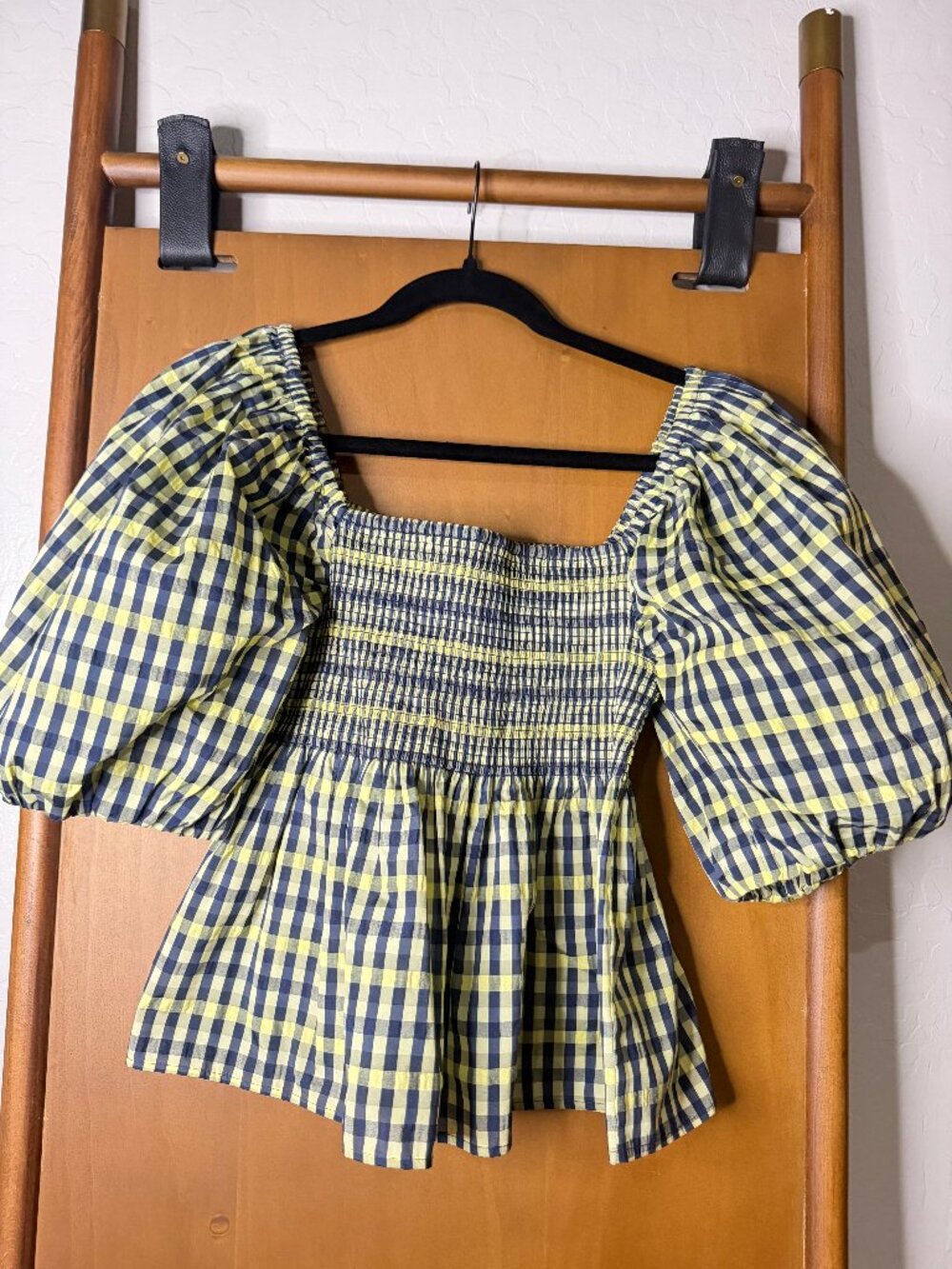 Baum und Pferdgarten Yellow Navy Check Smocked Puff-Sleeve Top, 36